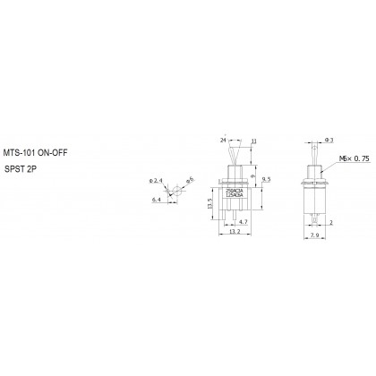 SPDT TOGGLE SWITCH, ON-OFF, 2 PINS, 125V 6A, 250V 3A