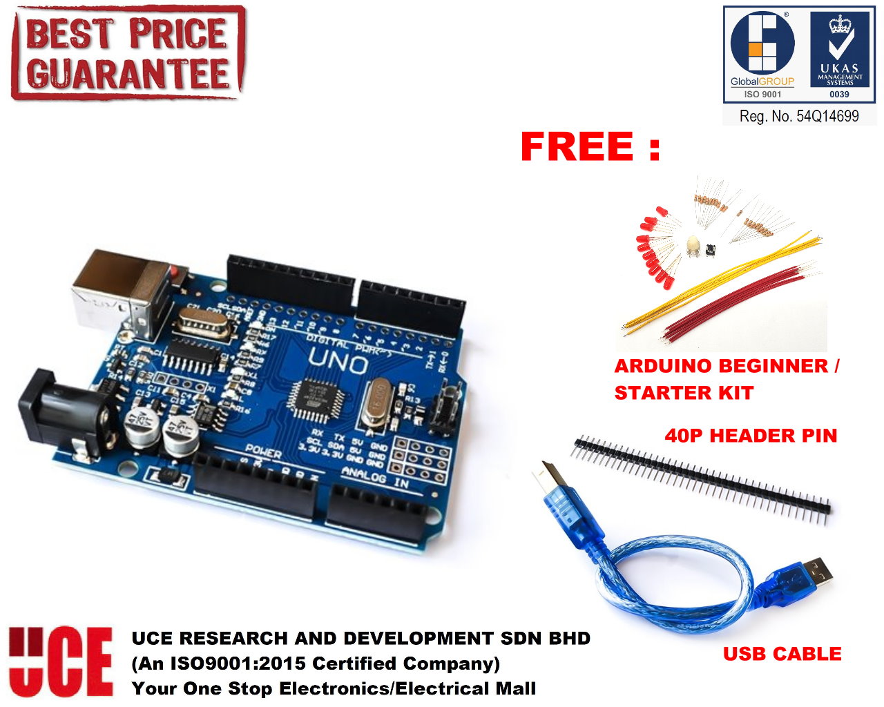Carte Arduino Uno R3 Clone Avec CH340 - Compatible ATMEGA328P + Câble USB + 40 Broches - Neuf